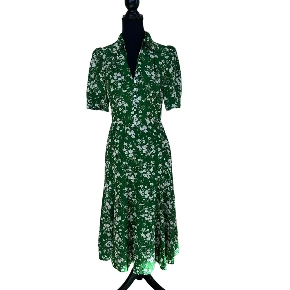 L.K. Bennett Green Floral Midi Shirt Dress SIZE 6 Silk Retro Work Designer $675 - Picture 8 of 13